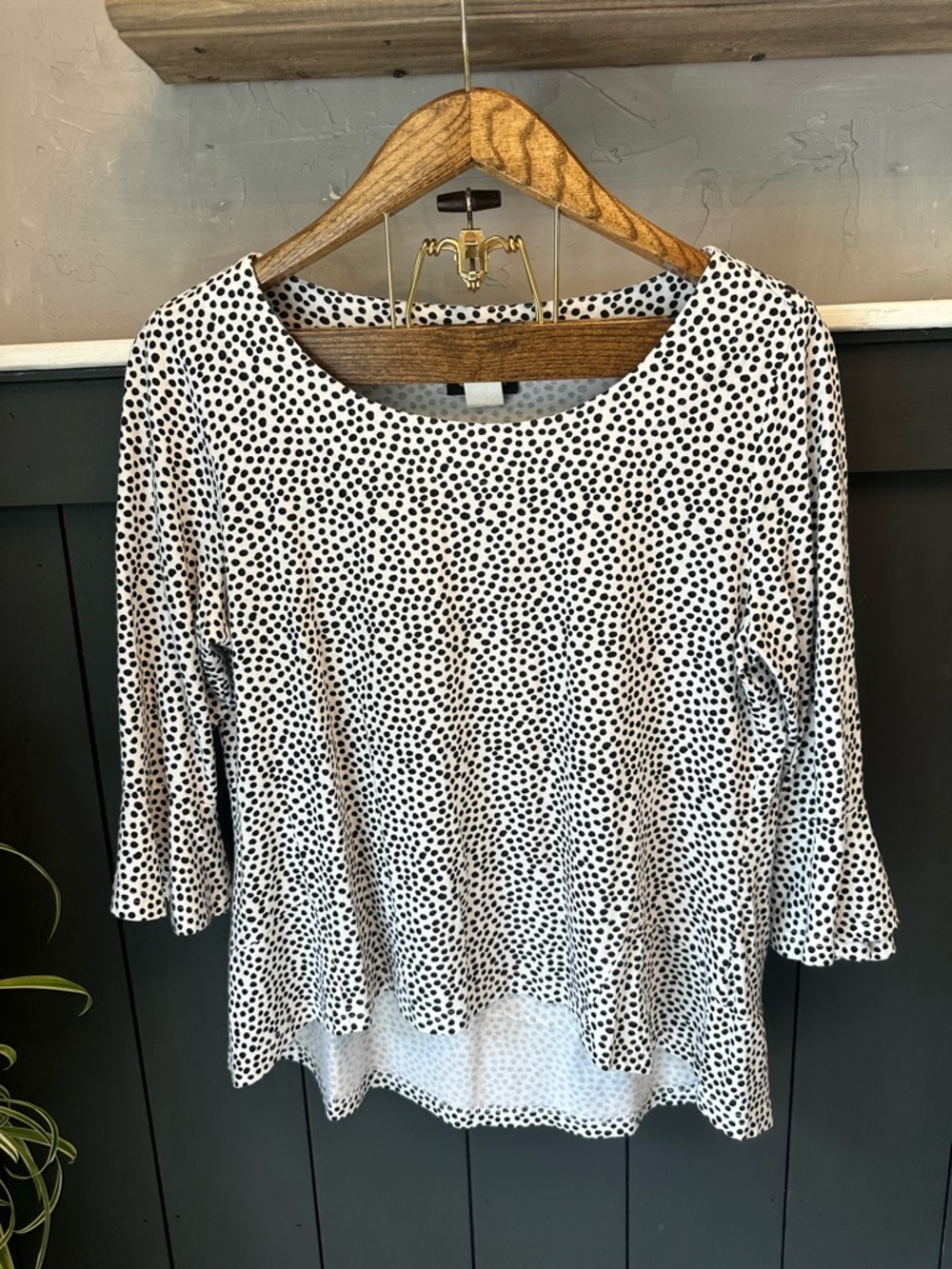 Ambria Scoop Neck Black White Polka Dot Bell Sleeve‎ Top Size 8